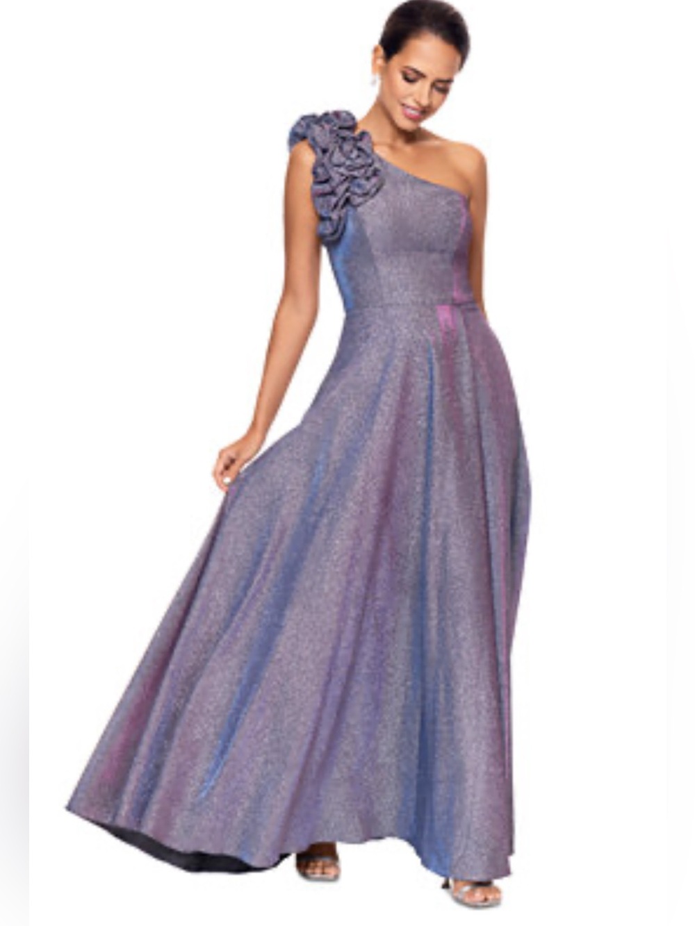 Xscape Iridescent One-Shoulder Lavender Evening Gown